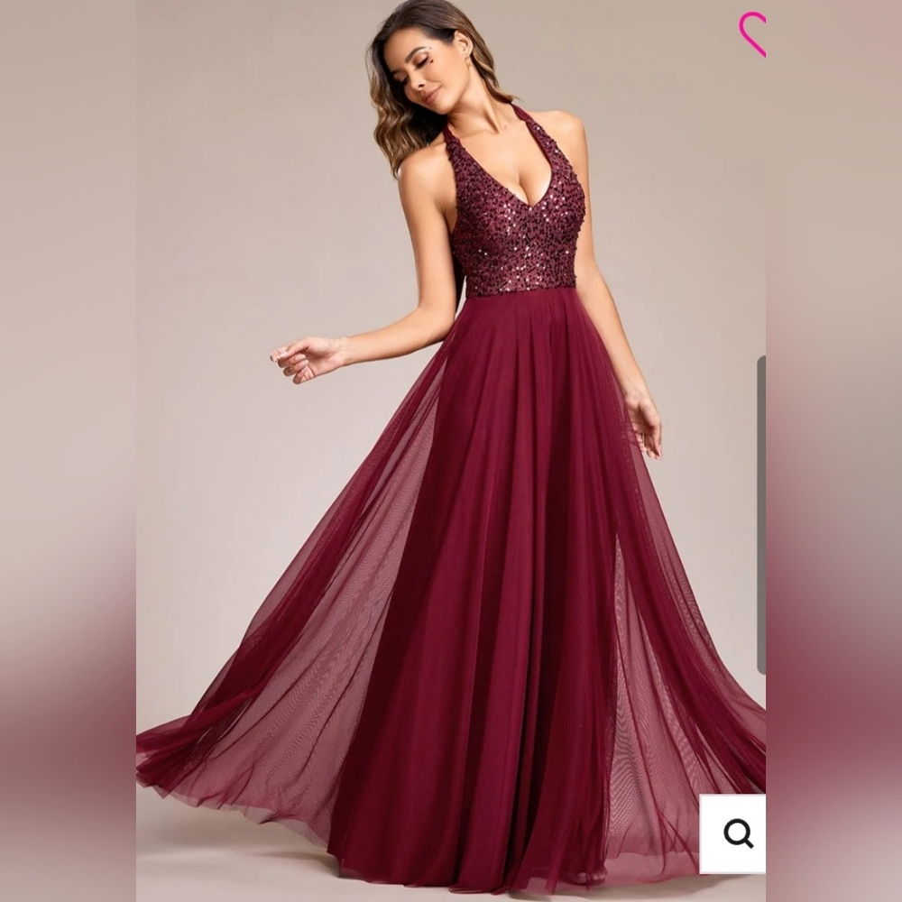 Ever Pretty Sequin Halter Top A-Line Backless Evening Dress with Tulle